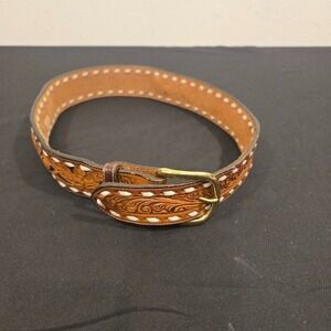 Tony Lama Tan Tooled Leather Belt with White Stitching and Brass Buckle